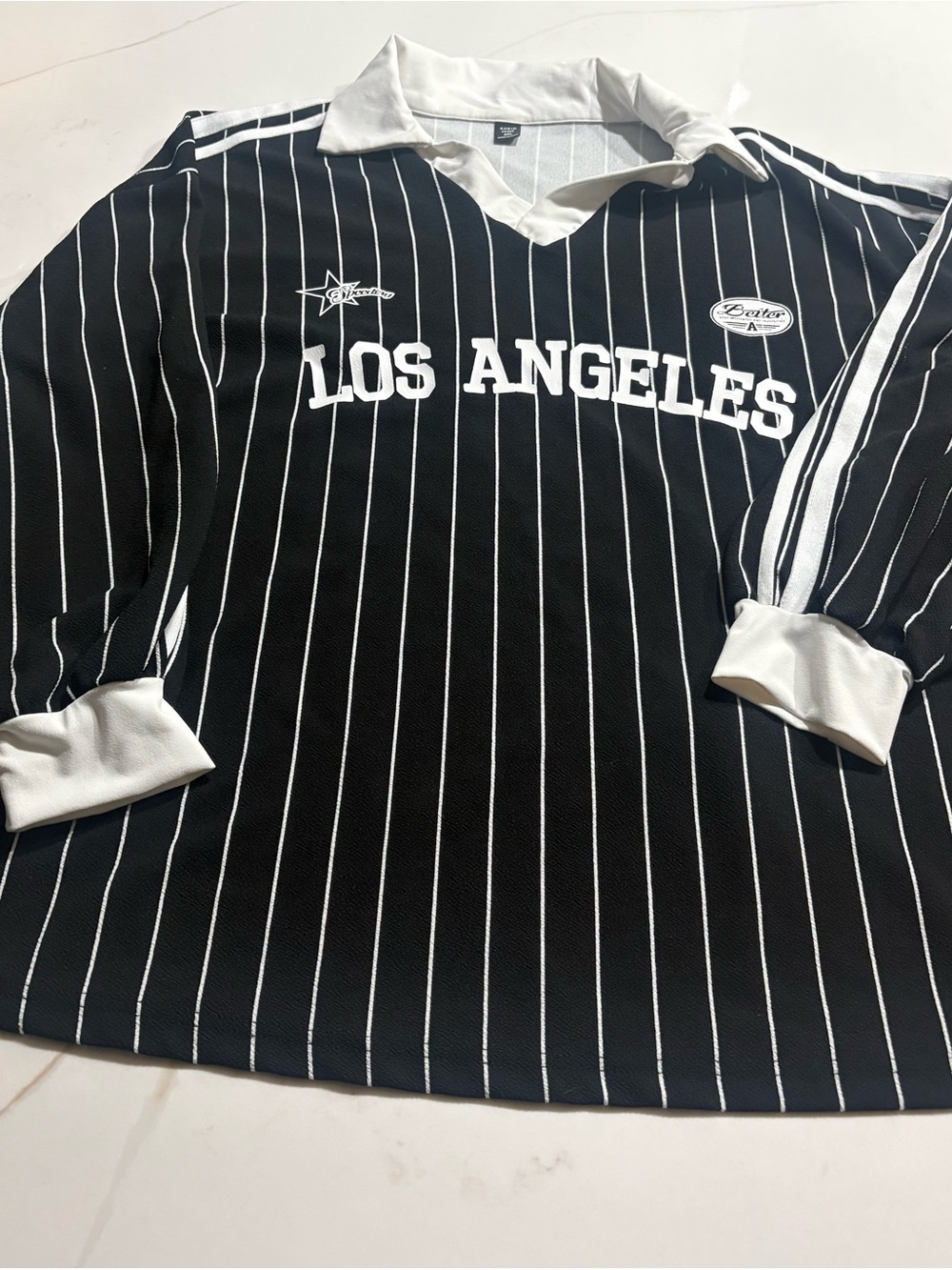 SHEIN Black & White Los Angeles Pinstripe Long Sleeve Tee
